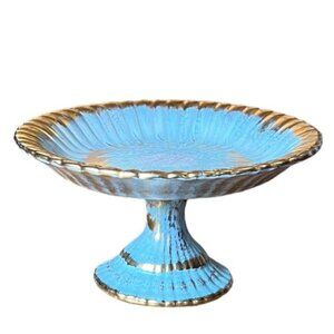Vintage 1960s Stangl PotteryTrenton NJ Blue & Gold Fluted Pedestal Dish 6.5 x 4